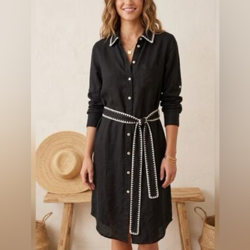 Magaschoni Linen Whipstitch Trim Shirt Dress